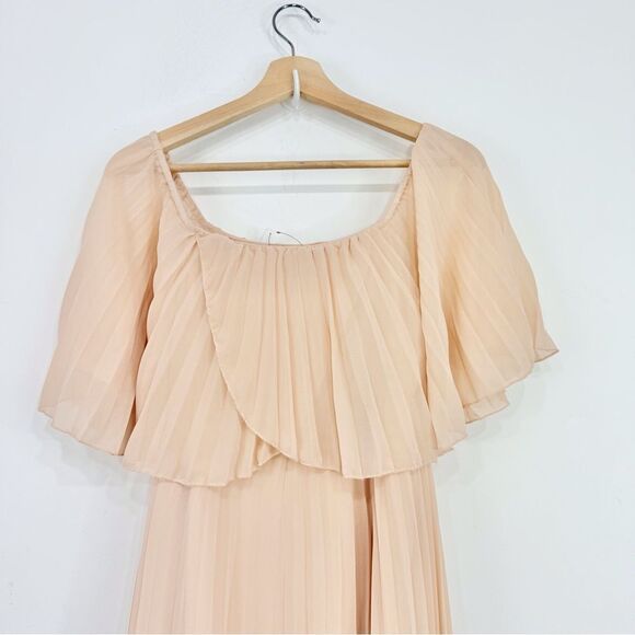 ASOS Nude Blush Pleated Off Shoulder Flowy Midi Dress NEW - Picture 11 of 16